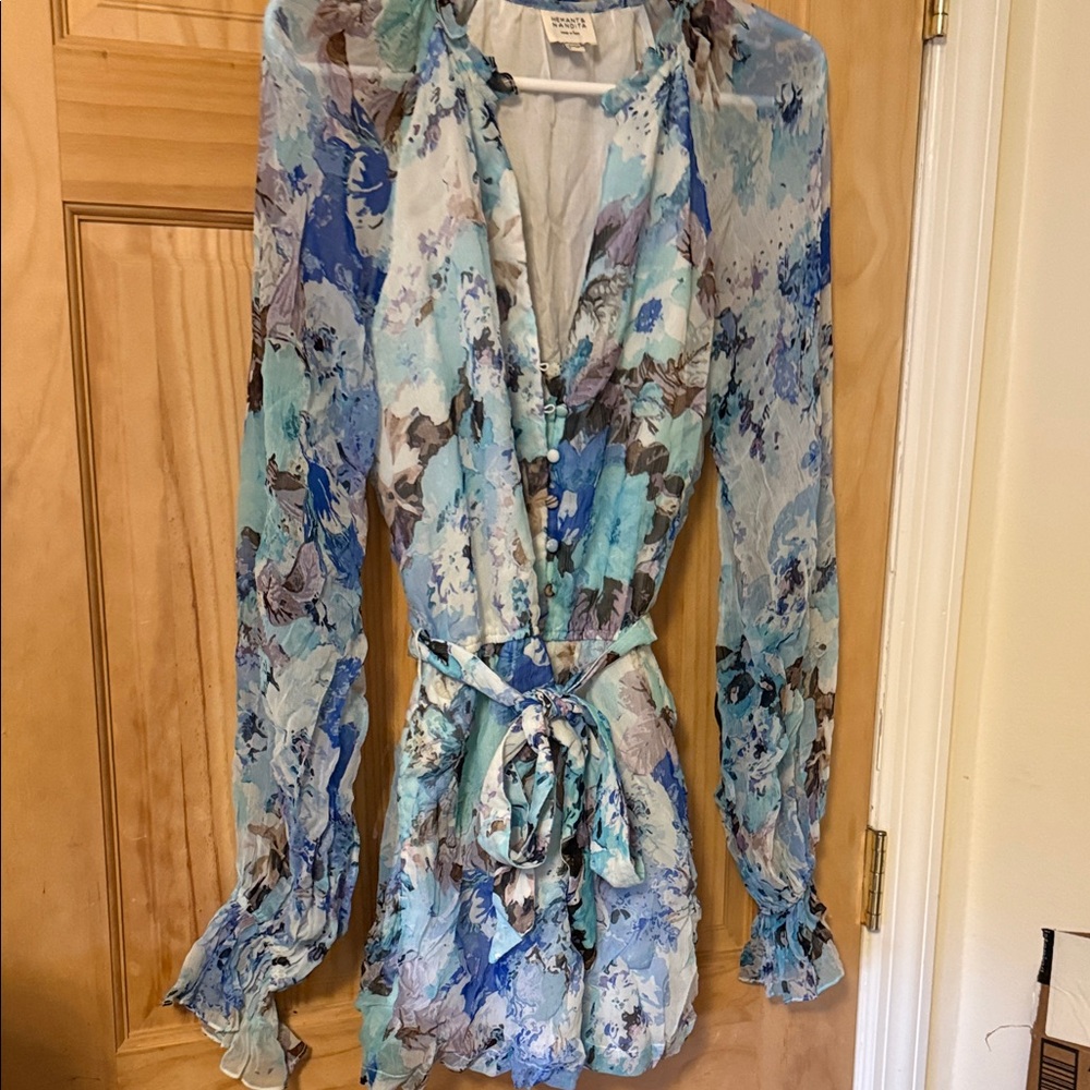 Hemant & Nandita Floral Blue Romper with tie for waist